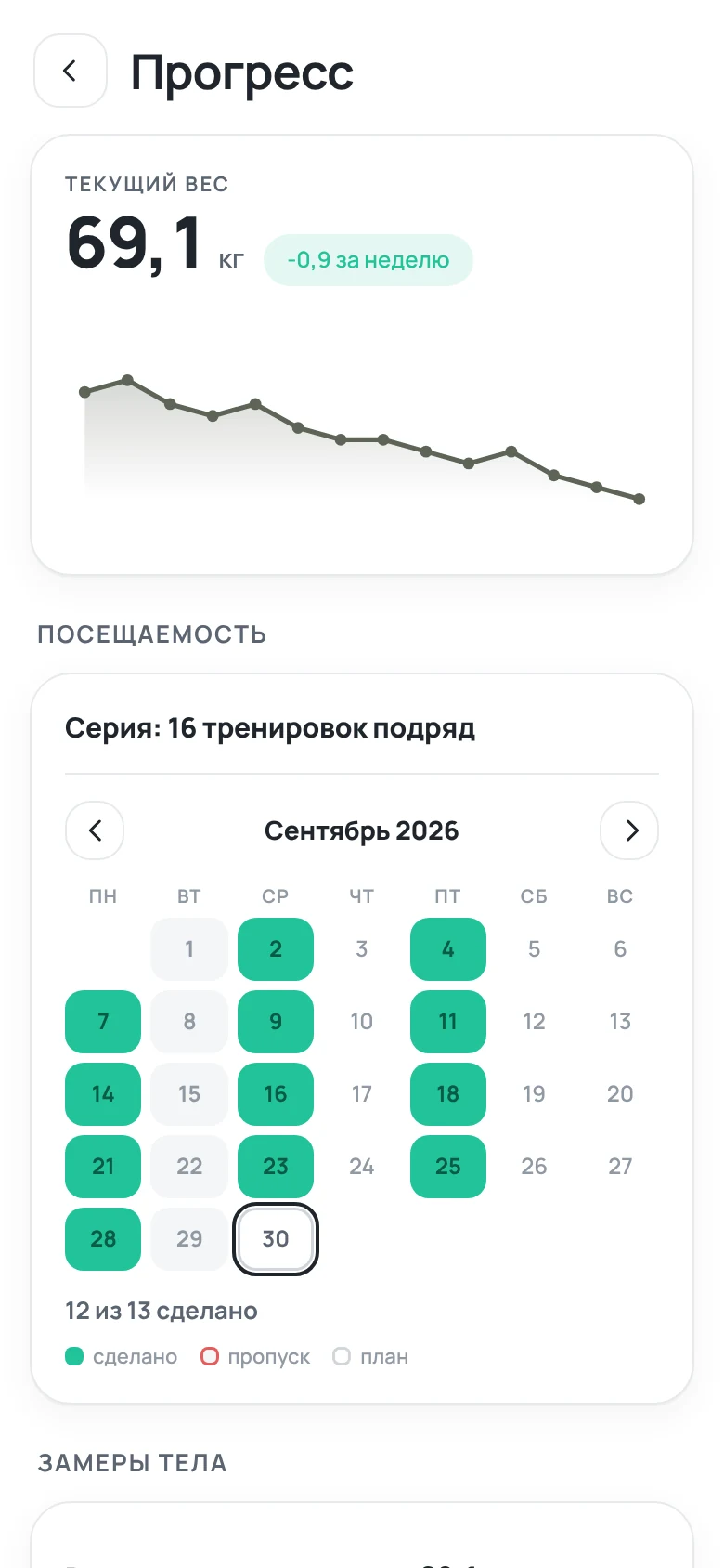 Прогресс клиента: вес, серия тренировок и календарь посещений